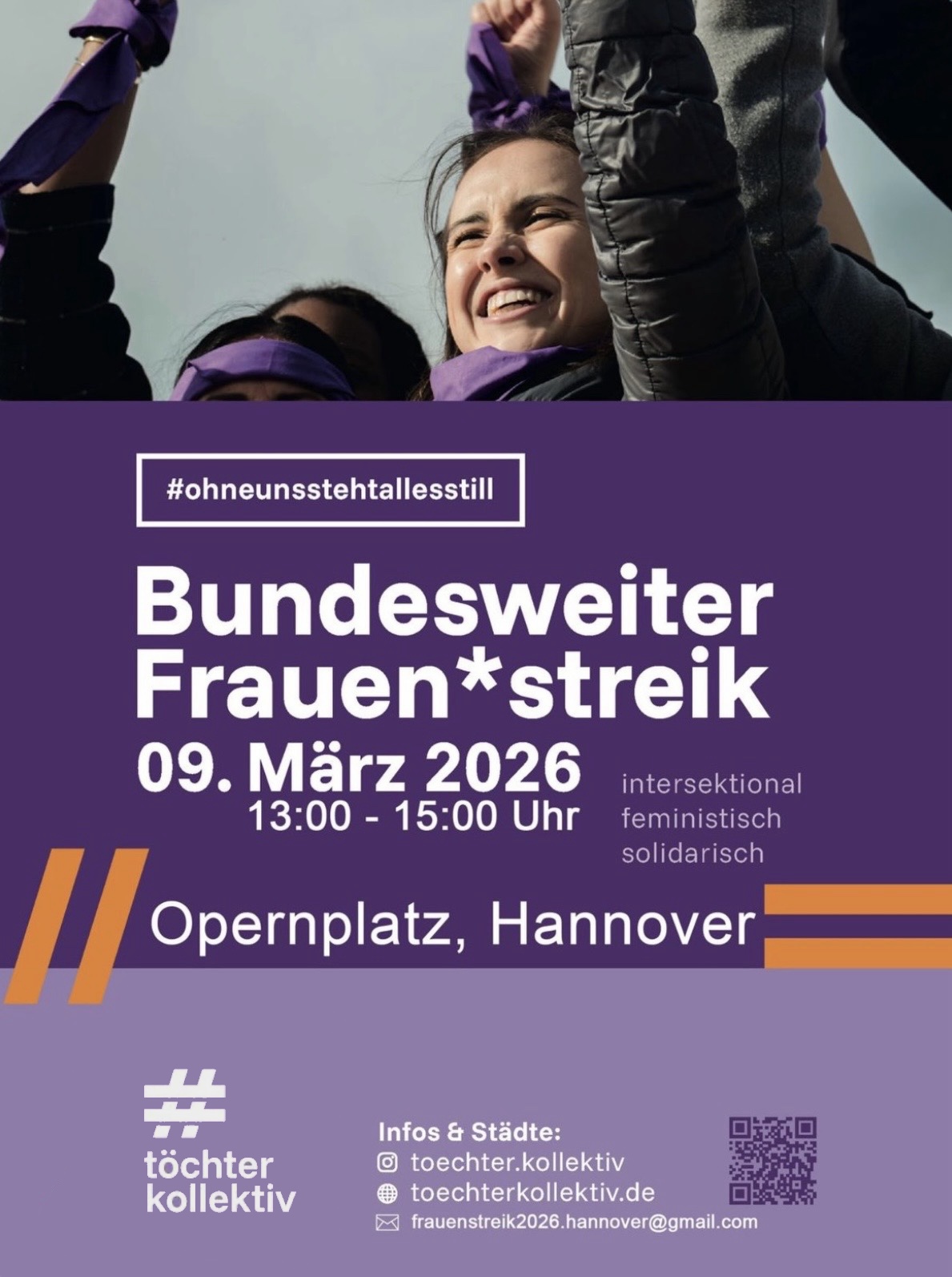 Ankündigung Frauenstreik Hannover – 9. März 2026, 13 bis 15 Uhr am Opernplatz. the free vivi gibt Premiere mit neuen Zeilen.